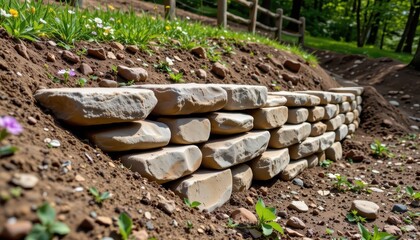 rock toe wall at base of slope absorbing energy from water flow preventing sliding of upper soil layers