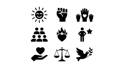 Collection of nine diverse black silhouette icons representing positive concepts isolated on white background silhouette