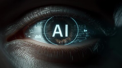 Close-up of a human eye showcasing digital elements and glowing AI text, representing the intersection of technology and vision, highlighting innovation and futuristic concepts in artificial intellige - Powered by Adobe