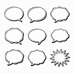 Collection of nine diverse comic book style speech bubbles and thought bubbles silhouette isolated on white background