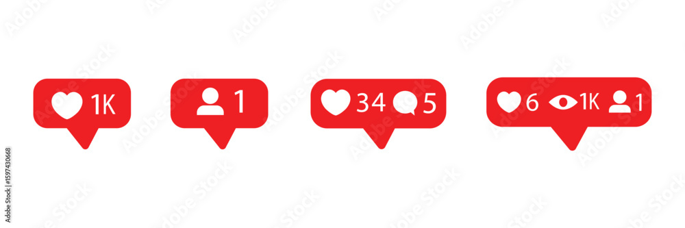 Poster red heart-like notification, new message bubble, and friend request quantity number icons. social ne