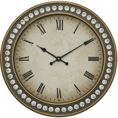 Vintage wall clock with Roman numerals and decorative crystals, set against a neutral background