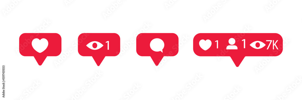 Poster red heart-like notification, new message bubble, and friend request quantity number icons. social ne