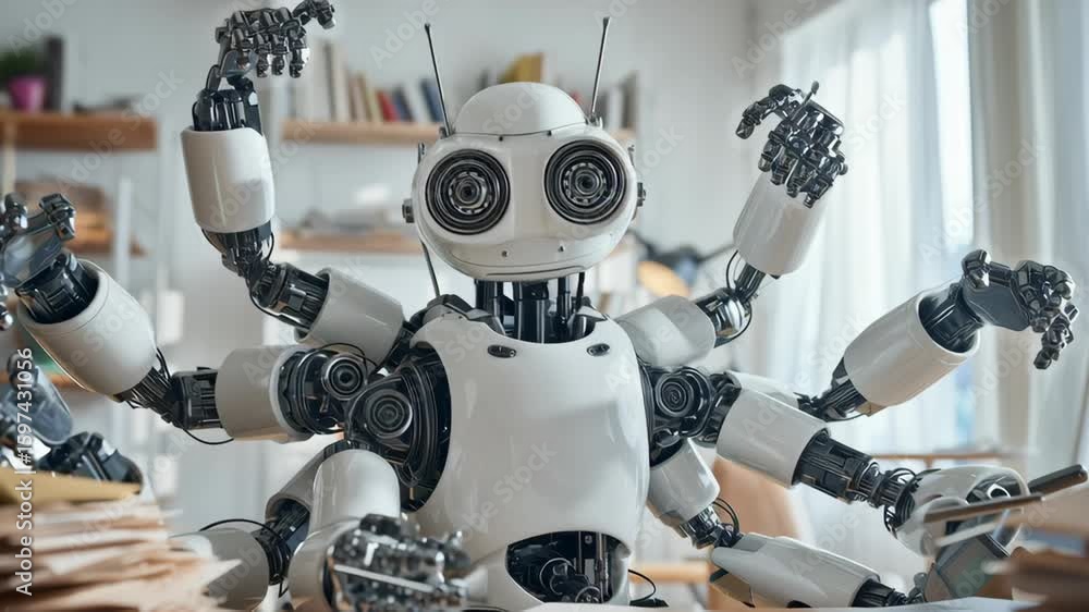 Poster futuristic humanoid robot with multiple arms, showcasing advanced technology in a modern workspace, 