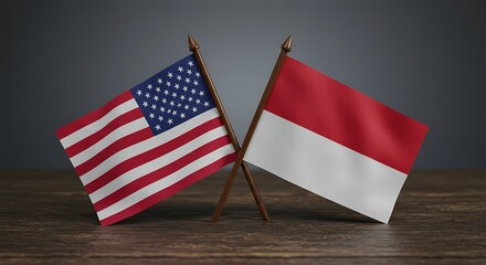 United States and Indonesia desk flags on a wooden table. A concept of international relations, diplomacy, political summit, and bilateral talks.