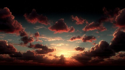 Obraz premium Dramatic sunset sky with vibrant crimson and dark clouds sunbeams piercing through atmosphere