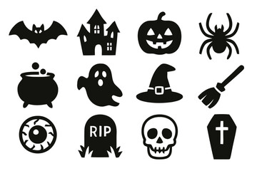 Collection of halloween icons featuring a bat haunted house pumpkin spider cauldron ghost witch hat broomstick eyeball tombstone skull and coffin isolated on white background silhouette