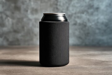 A can of cold beverage is inside of a black insulated holder sleeve. Promote drink brands or illustrate beverage coolness preservation.