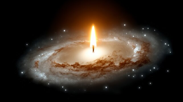 A lit candle flame centered within a spiral galaxy against a black background