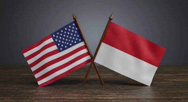 United States and Indonesia desk flags on a wooden table. A concept of international relations, diplomacy, political summit, and bilateral talks.