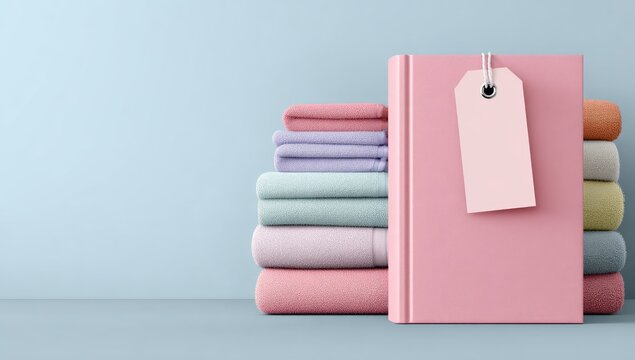 Pastel-colored fabrics stacked with a pink book and tag