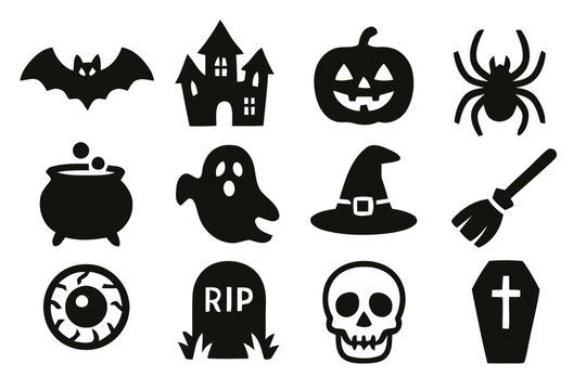 Collection of halloween icons featuring a bat haunted house pumpkin spider cauldron ghost witch hat broomstick eyeball tombstone skull and coffin isolated on white background silhouette