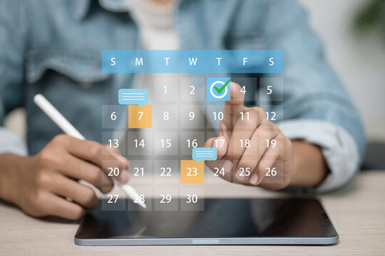 Digital calendar interface floating above tablet with stylus, schedule planning concept