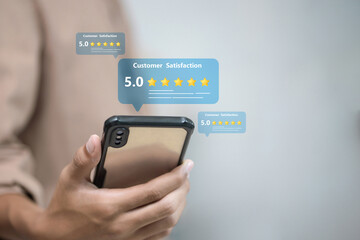 Customer satisfaction review with 5-star rating overlay on smartphone, mobile feedback concept