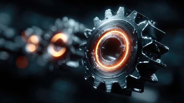 An abstract art image shows chrome gears with glowing rims turning in mechanical sync against a dark engineering backdrop.