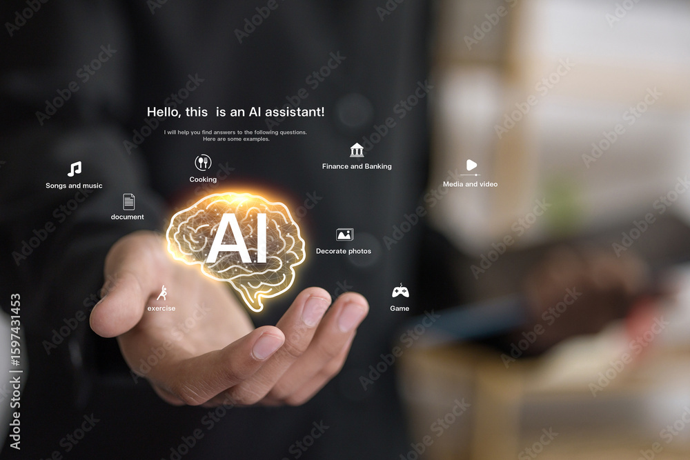 Poster ai assistant digital interface with floating service icons, artificial intelligence technology conce