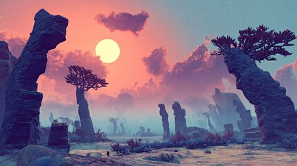 Pixelated Sunset Fantasy Landscape