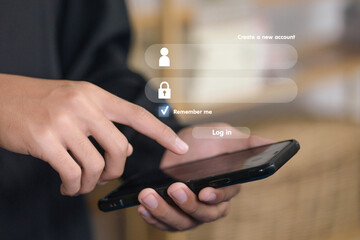 Mobile login screen with user interface overlay, person accessing secure account