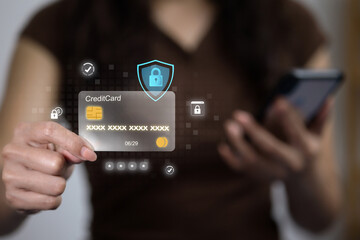 Secure online credit card interface with lock icons, digital finance safety concept
