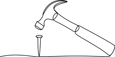 Hammer striking nail in minimalist line art hitting tool