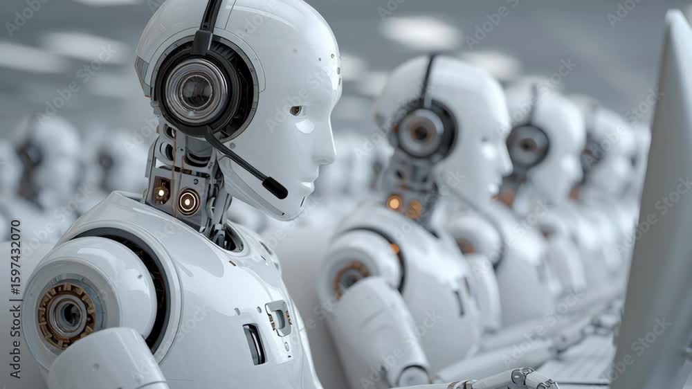 Poster futuristic humanoid robots with headsets are engaged in tasks at computer workstations, showcasing a