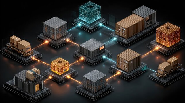 Blockchain app visualizes supply chain with smart tags, symbolizing decentralized logistics, inventory transparency, and tokenized trade pathways.