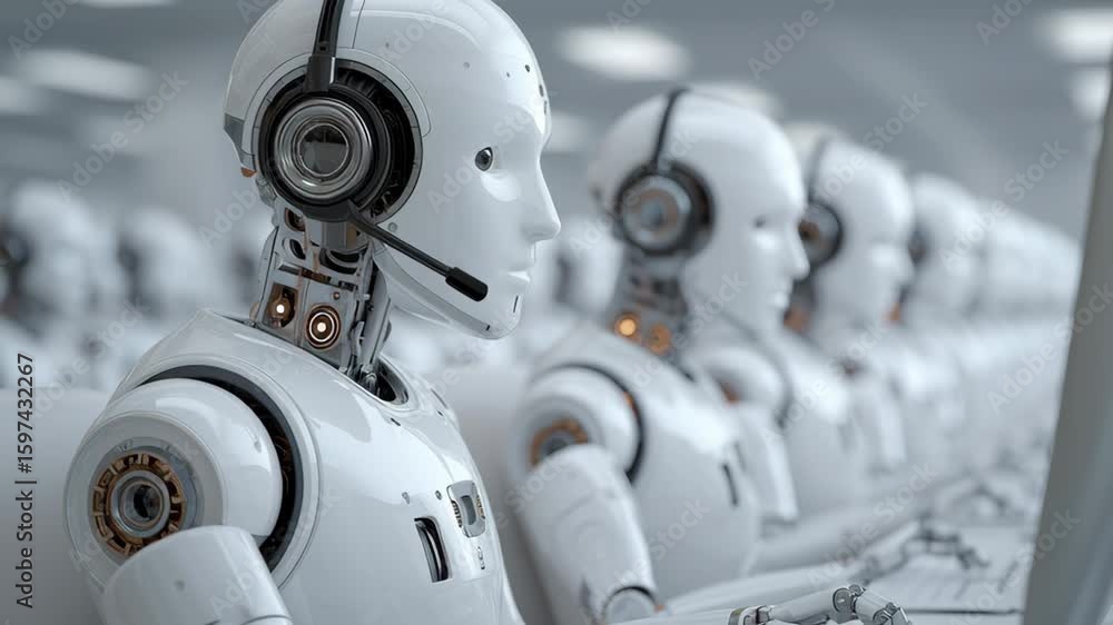 Poster futuristic humanoid robots equipped with headsets are engaged in a high-tech workspace, showcasing a