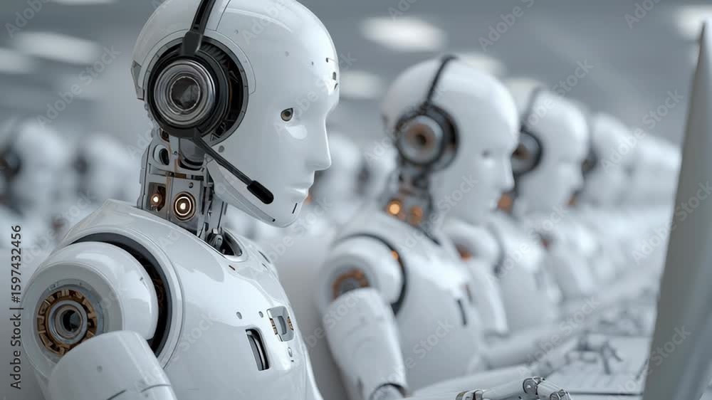 Poster futuristic robots with headsets are engaged in customer service tasks at computer stations, showcasi