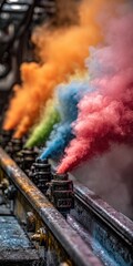 Fototapeta premium Colorful smoke plumes rising from industrial tracks