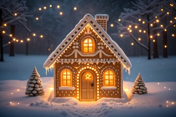 Enchanting gingerbread house illuminated by warm christmas lights in snowy forest