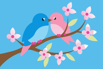 Obraz premium Two cute cartoon birds sharing a tender moment on a blooming branch