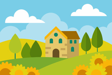 Fototapeta premium Charming country house surrounded by rolling hills and sunflowers under a blue sky with clouds