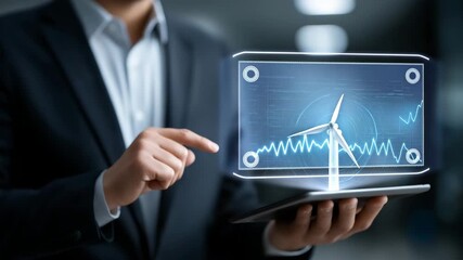 Man is pointing at a screen with a wind turbine on it. on a tablet. businessperson in dark suit holding small turbine model and digital graph tablet, soft rim light, sustainable energy stocks - Powered by Adobe