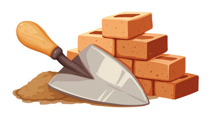 Glossy cartoon trowel and bricks stack, construction tools