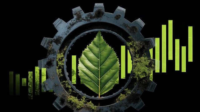 Leaf is on top of a gear. The leaf is green. The gear is black. dark industrial gear transforming into bright eco-leaf cog, juxtaposed bar graphs, sustainable energy stocks