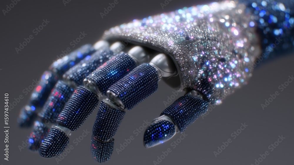 Poster ai quantum development concept, sparkling robotic hand with intricate detailing and gems.