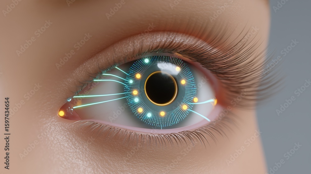 Aufkleber ai quantum development concept, futuristic eye design with intricate circuits and glowing elements.