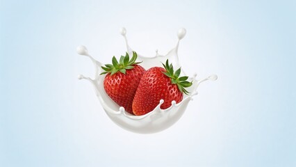Two fresh red strawberries splashing into white milk on a blue background