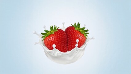 Two red strawberries splashing into white milk on a light blue background