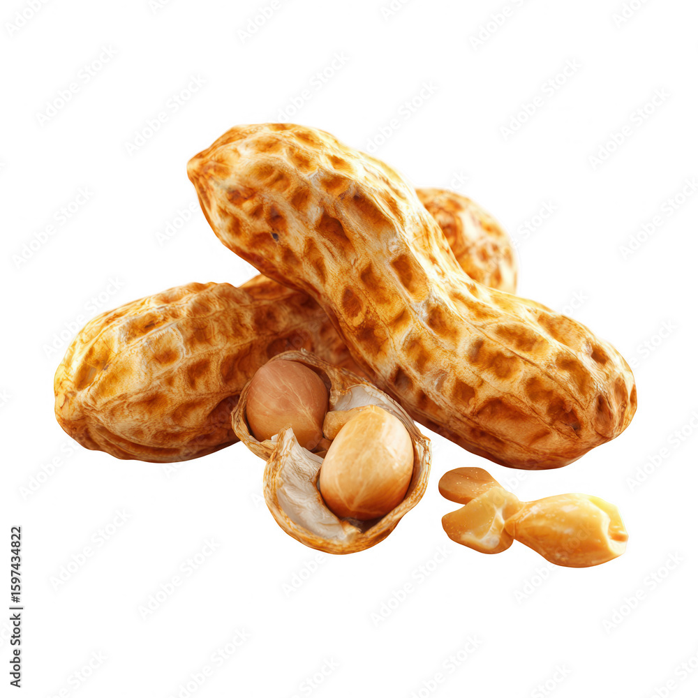 Poster three peanuts in shells, one cracked open revealing two creamy-colored kernels; scattered shell frag