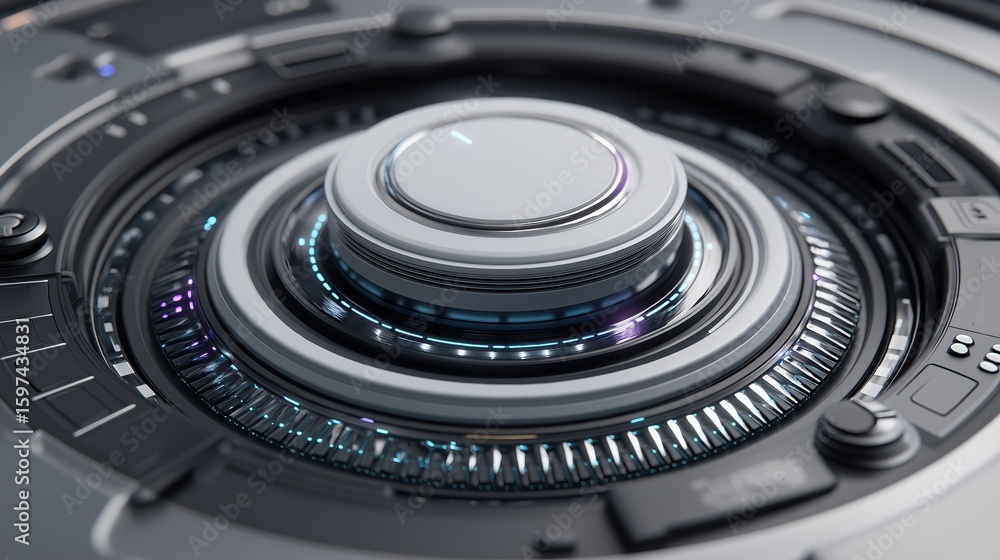 Poster ai quantum development concept, abstract close-up of a futuristic mechanical device.