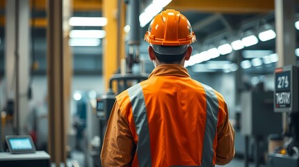 Realistic HD photo of a factory worker operating a machine without showing the face