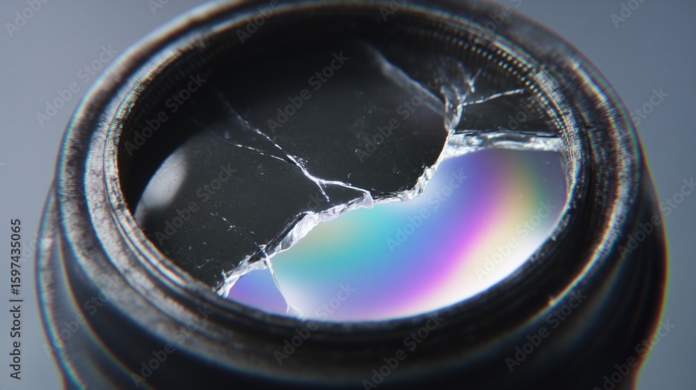 Aufkleber ai quantum development concept, broken camera lens with colorful reflection and cracks visible.