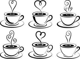 Six stylized coffee cups with heart shaped steam saucer