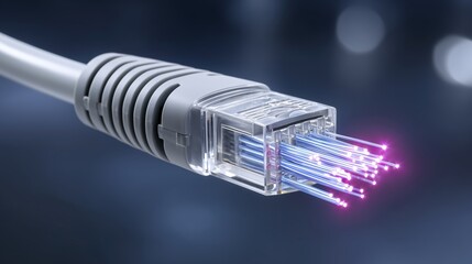 AI Quantum Development concept, Futuristic fiber optic cable with glowing fibers in a dark background.