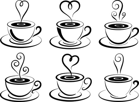 Six stylized coffee cups with heart shaped steam saucer