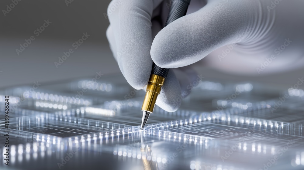 Poster ai quantum development concept, precision work on a circuit board with a gloved hand.