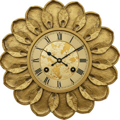 Ornate gold wall clock with leaf design, showcasing time in an elegant interior setting