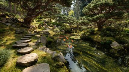 Obraz premium High-angle view of raked gravel waves with mossy stones and wooden fence — a minimalist Zen garden that radiates balance and calm.