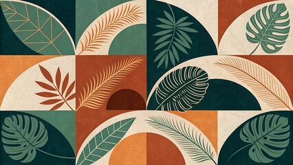 Bohemian abstract botanical pattern with arches and tropical leaves